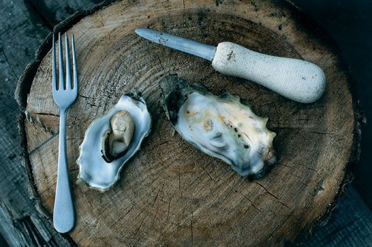 An image of freshly shucked oysters presented on a rustic slab for tasty, tasty consumption.