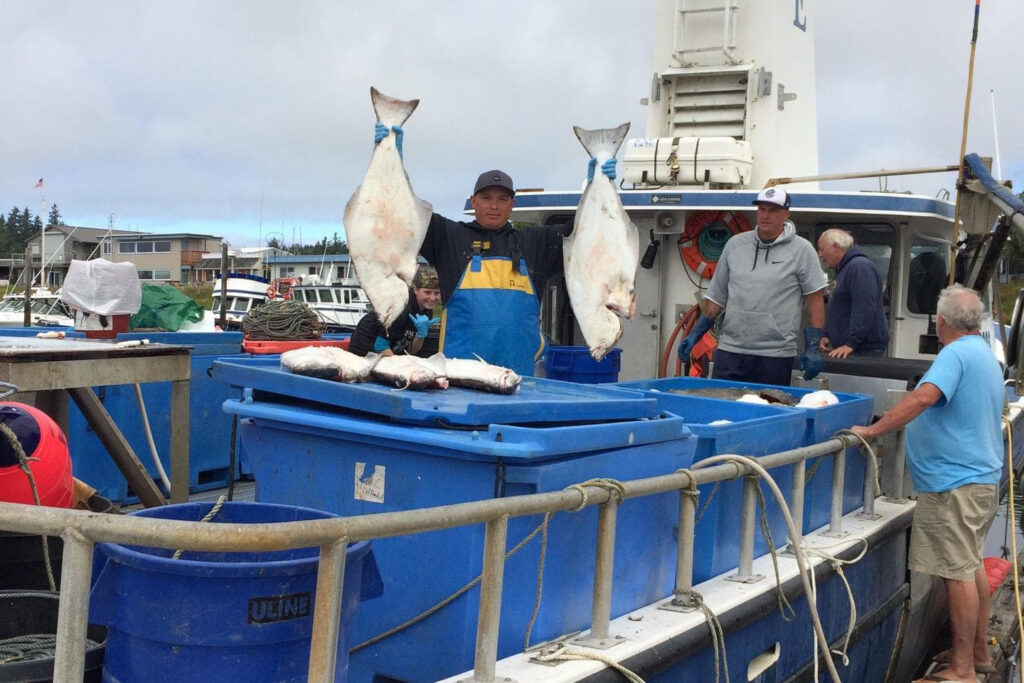 An image taken from the back of a large fishing boat where one worker holds up two impressively sized halibut, one in each hand, with pride.