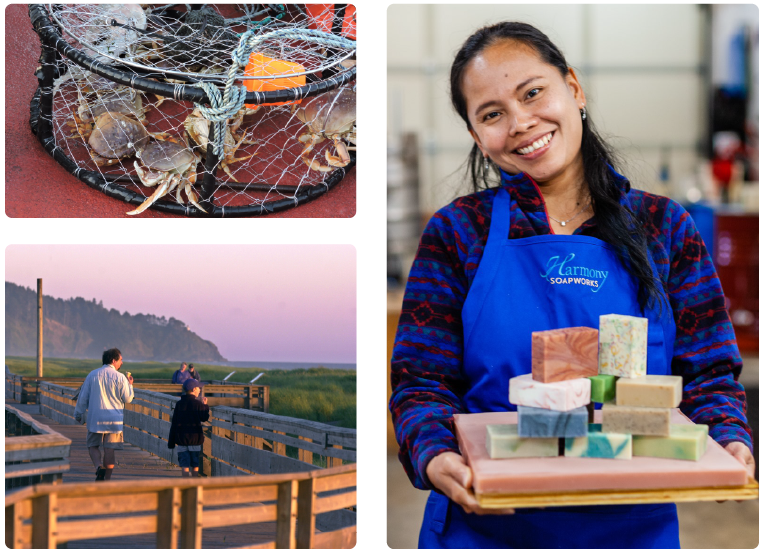 A small collage of three images depicting a crabbing basket filled with crabs, a father and son walking along the seaside boardwalk at sunset, and a woman proudly holding out an assortment of handmade soaps to show the viewer.