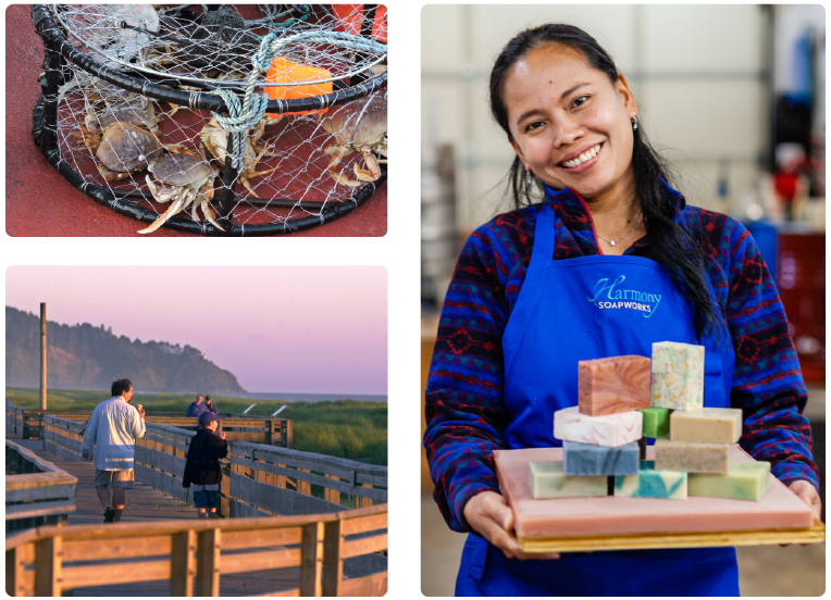 A small collage of three images depicting a crabbing basket filled with crabs, a father and son walking along the seaside boardwalk at sunset, and a woman proudly holding out an assortment of handmade soaps to show the viewer.