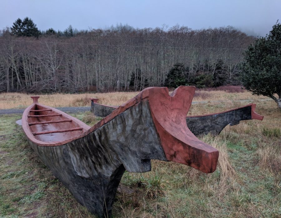 An image of Chinook Tribe canoes set aground for storm season. The interiors are painted bright red and the outer hull appears to be tree bark.