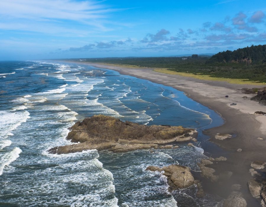 An image of the iconic Long Beach coastline stretching out into the horizon for miles, waves lapping at the sand with white foam.