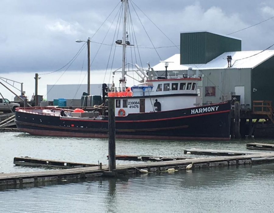 An Image of 'Harmony', one of the many ships that calls the Chinook Harbor home, as it's being prepared to set out to sea.