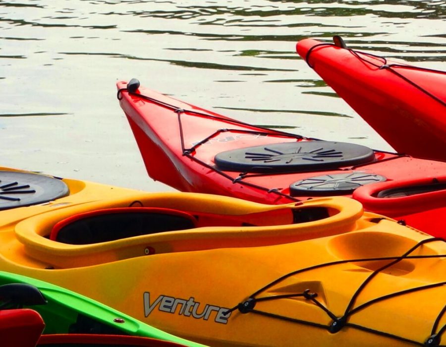 An image of colorful canoes lines up on the lake in South Bend.