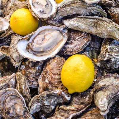 An image of fresh oysters with lemons artfully placed on top.