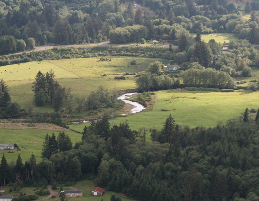 An aerial view of Naselle Roac, which is flanked on both sides by gorgeous verdant hills and valleys.