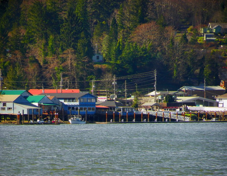 An image of several boathouses lined up along the riverside.
